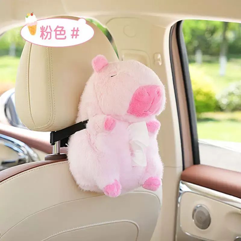 新款卡皮巴拉車載毛絨水豚掛式汽車盒裝紙巾盒高階感車內紙巾盒
