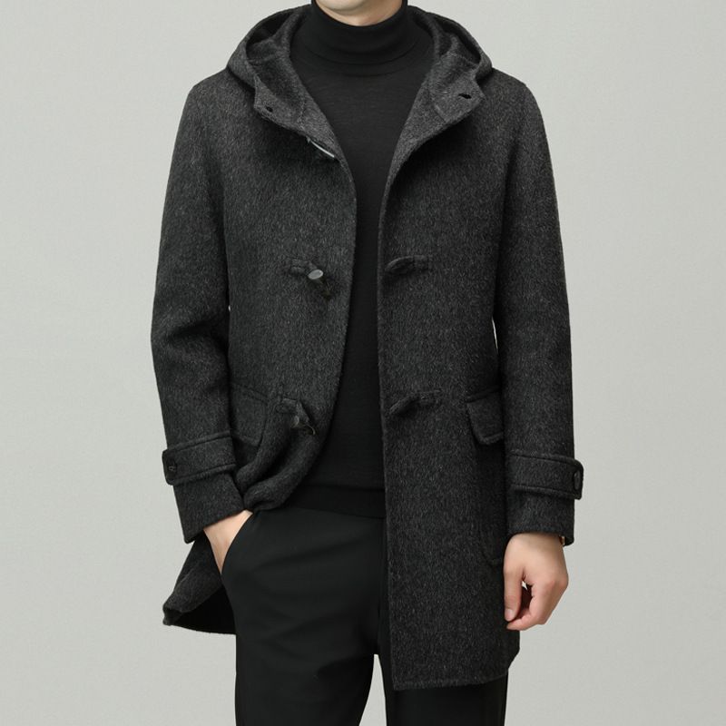 2026秋冬连帽双面纯羊毛大衣男中长款休闲百搭牛角扣毛呢外套
