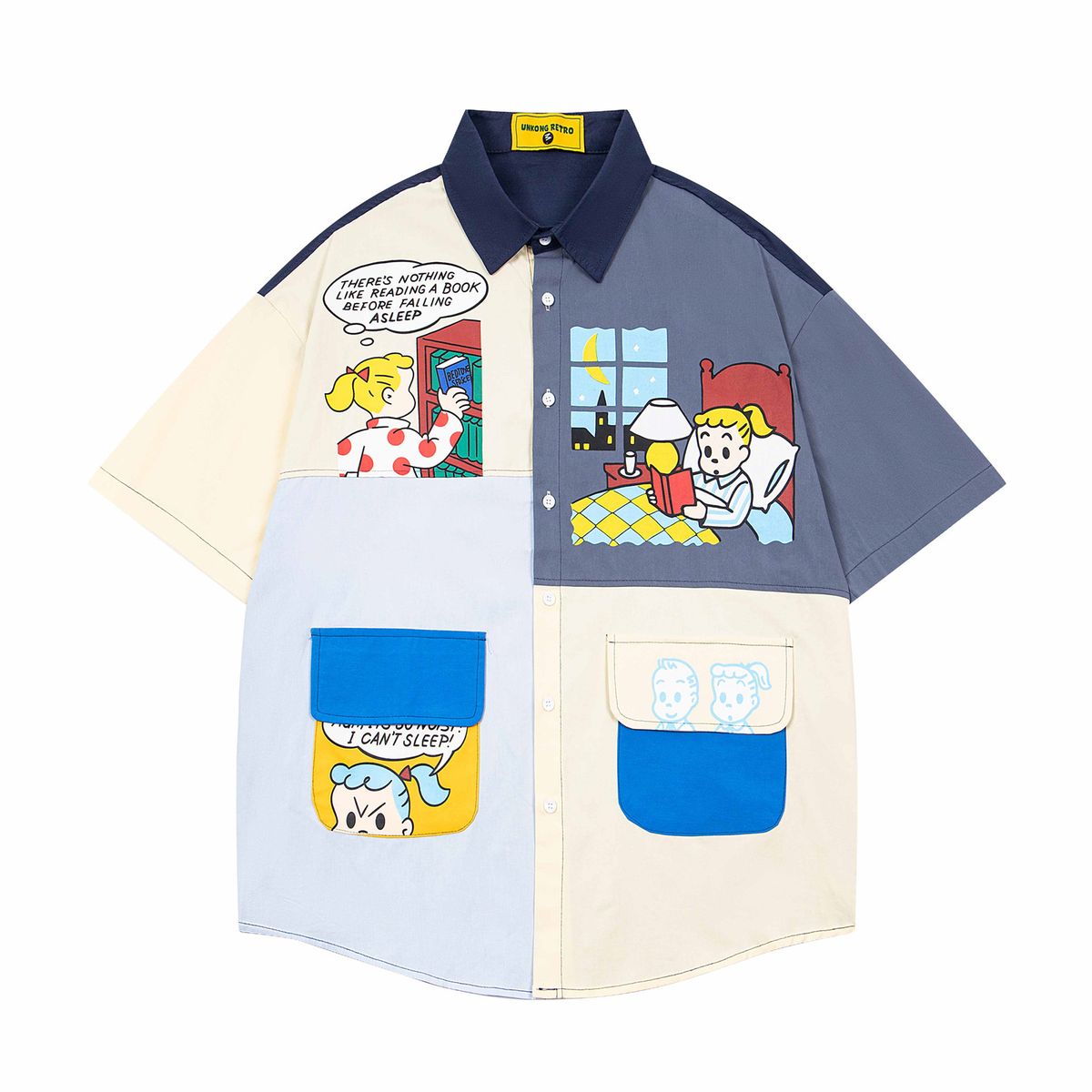 Japanese vintage fun print contrast patchwork short sleeve shirt men loose casual all-match vintage