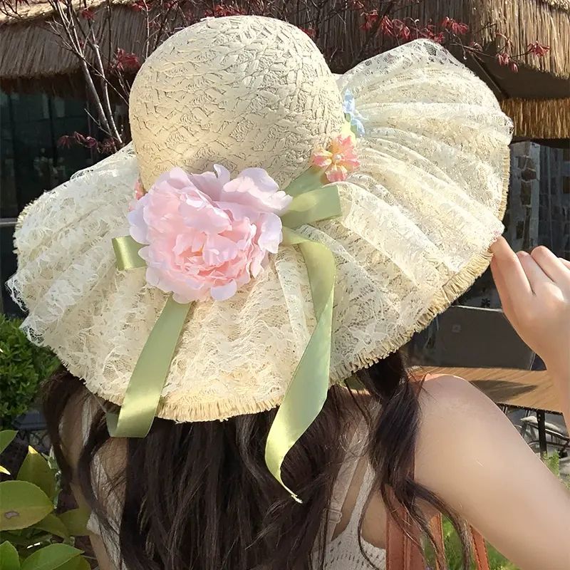 蕾丝蝴蝶结大帽檐遮阳草帽女夏季2025新款防晒帽海边度假沙滩帽子