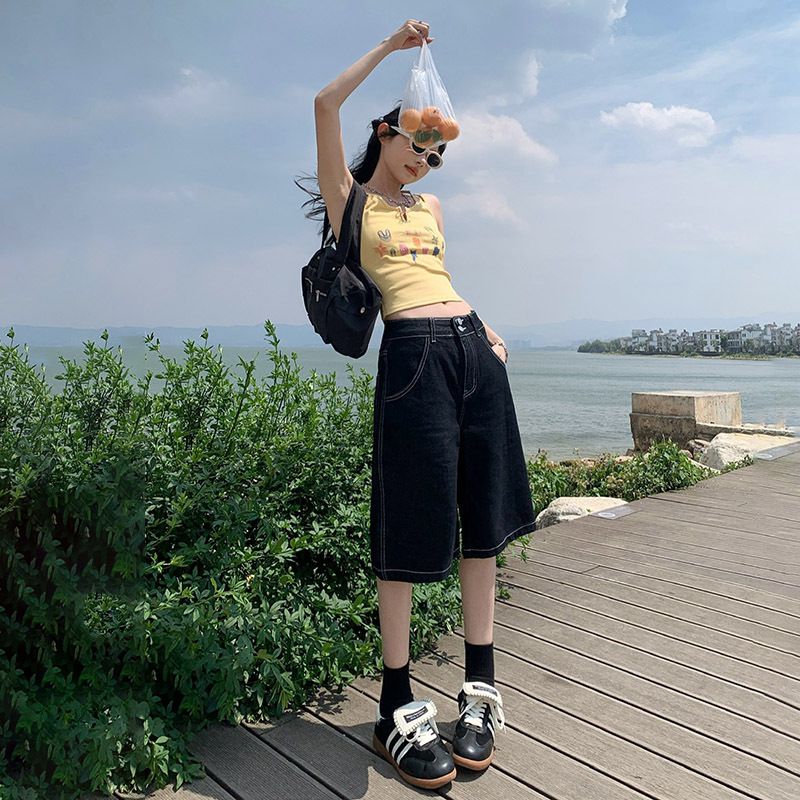 女装高街复古五分牛仔短裤子2026夏季新款休闲高腰阔腿裤