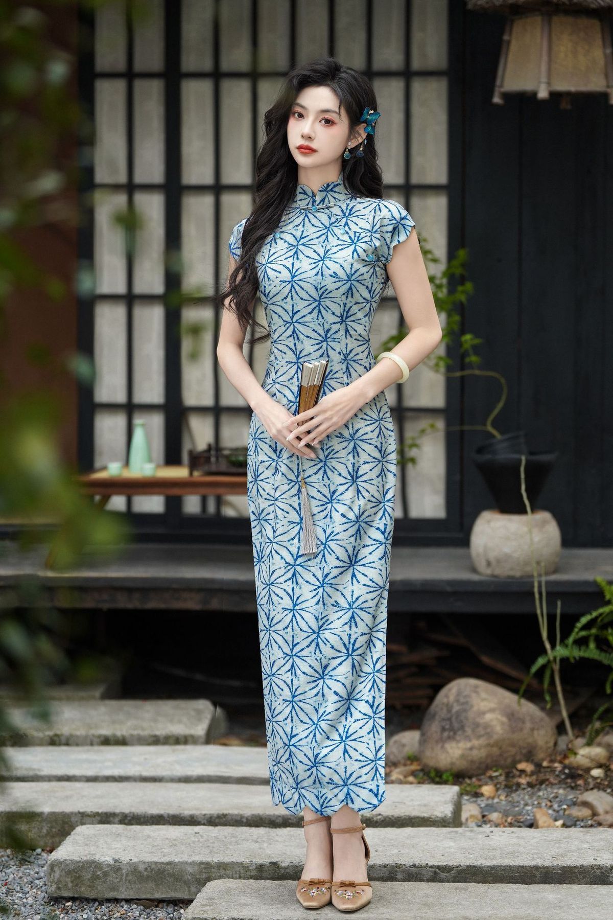 New Chinese Style Cheongsam with Chinese Date Plum  2025 High-end Traditional-Light blue S