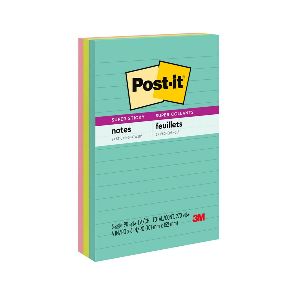 4645-3SSAN Super Sticky Notes 4"x6" Marrakesh, Lined, 3 pads / pack