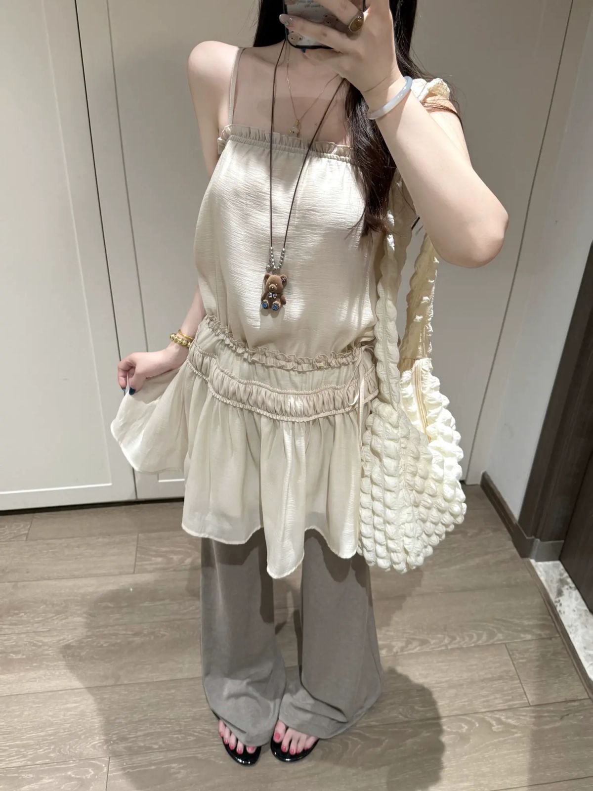kumikumi新款減齡木耳邊吊帶連身裙女裝夏季顯瘦休閒褲長褲兩件套-吊帶裙 S