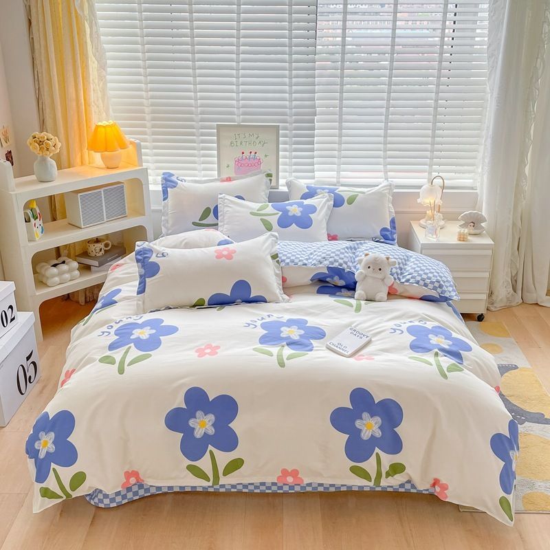 藍色溫馨花語四件套|卡通床單被套|可愛四件套|純棉床品|軟糯糯四件套|被套*1 床單*1 枕套*2（LCA177）
