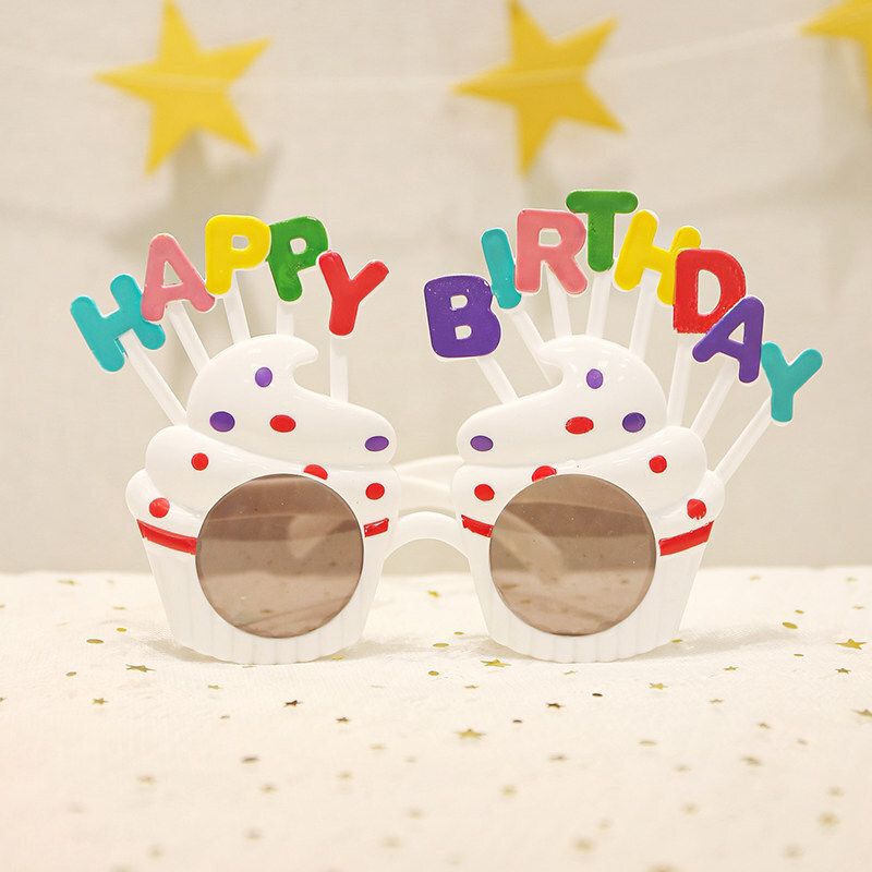纯白色纸杯蛋糕生日派對眼鏡｜七彩 HAPPY‑BIRTHDAY 字母搞怪眼鏡｜寶寶周歲氛圍拍照道具｜兒童慶生主題聚會扮飾用品