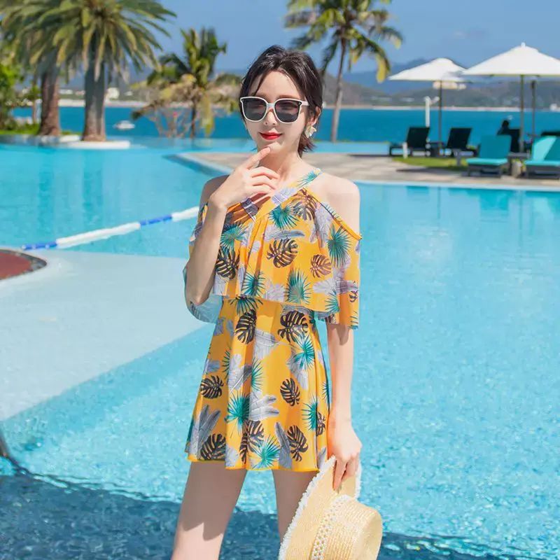 时尚分体泳衣女士裙式平角遮肚韩国泡温泉显瘦两件套加大码游泳衣