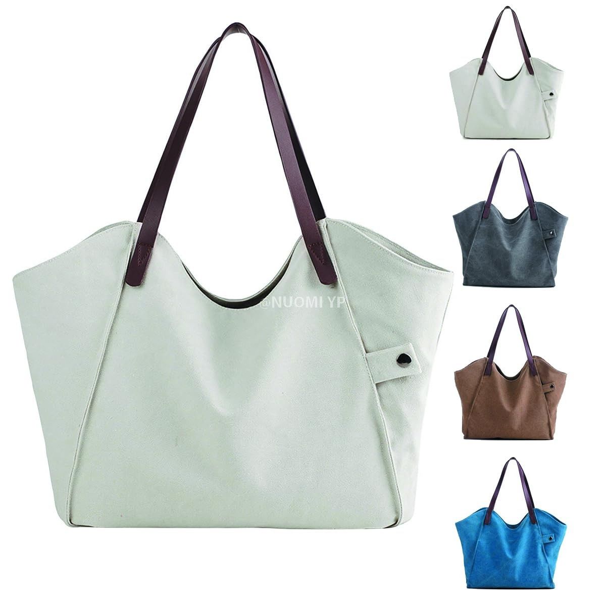 女性帆布托特包，大學女生素材手提包，肩背包，多隔層購物袋，帶拉鍊和大容量內袋(米色)