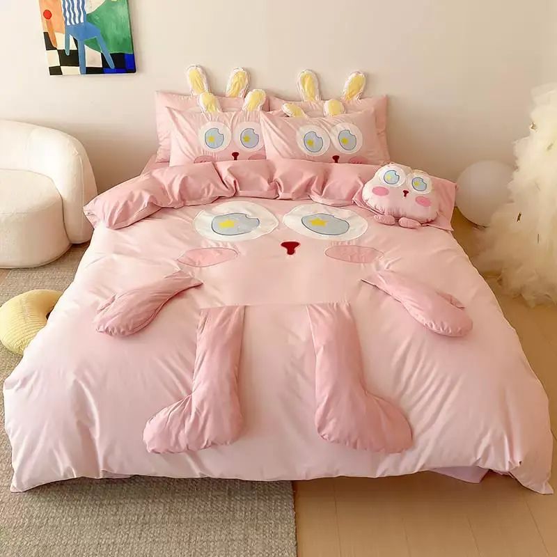 少女心可爱粉怪兽全棉水洗棉四件套儿童纯棉床单被套