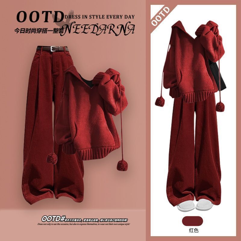 韩系一整套入冬穿搭跨年战袍红色毛衣套装两件套秋冬高级感休闲裤-红色毛衣加红色休闲裤 S