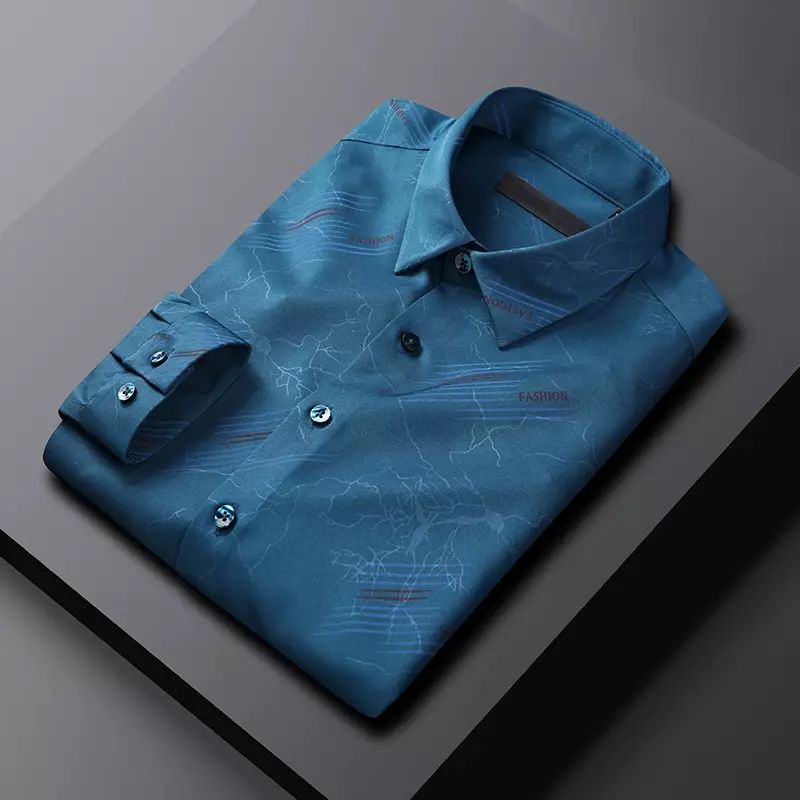 易打理印花衬衫男春秋长袖衬衣高级感抗皱免烫寸衫商务职业装潮流