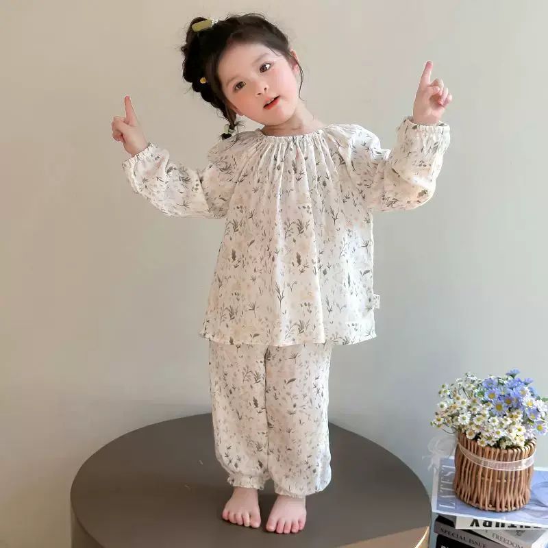 寶寶兒童純棉家居服長袖套裝冷氣機新款女童夏季寬鬆棉紗春秋睡衣