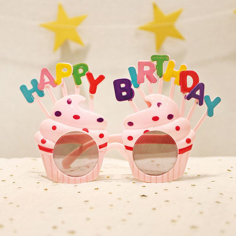 粉紅纸杯蛋糕生日派對眼鏡｜HAPPY‑BIRTHDAY 彩色字母搞怪眼鏡｜寶寶周歲氛圍拍照道具｜兒童慶生聚會裝飾扮飾用品