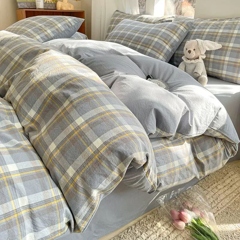 洁丽雅全棉四件套纯棉色织水洗棉床单被套床笠款宿舍家用四季床品-简兮兰 0.9m床单款三件套【被套150*200cm,床单120*230cm】