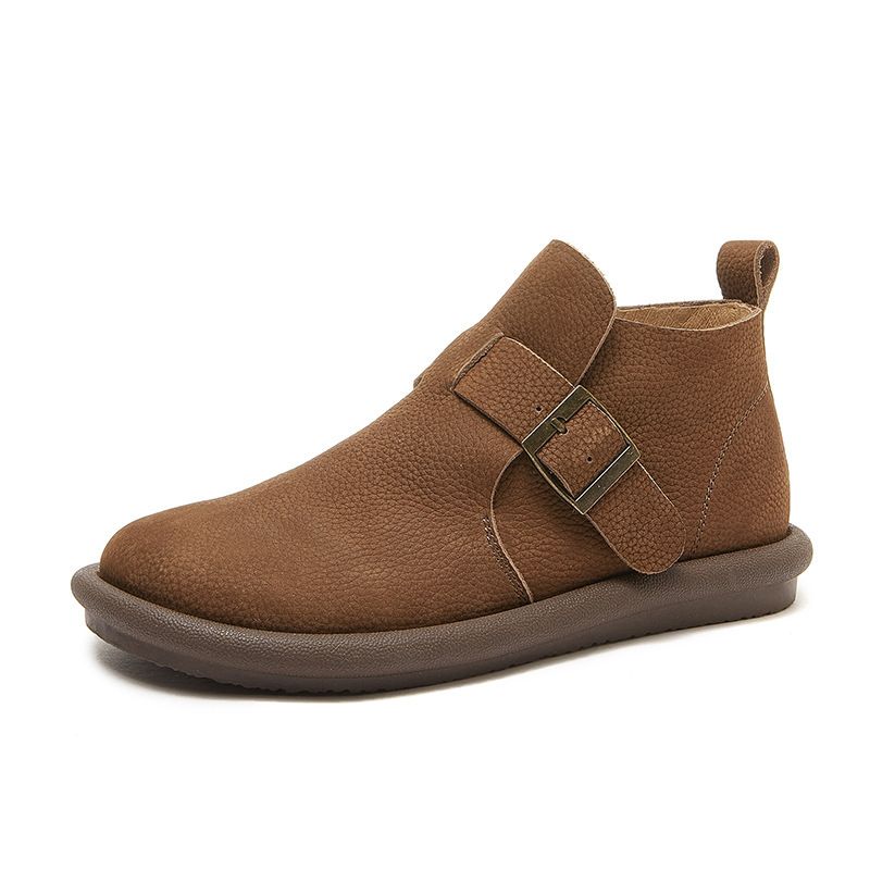  原創真皮復古女靴西部牛仔靴圓頭軟皮防滑復古女靴子