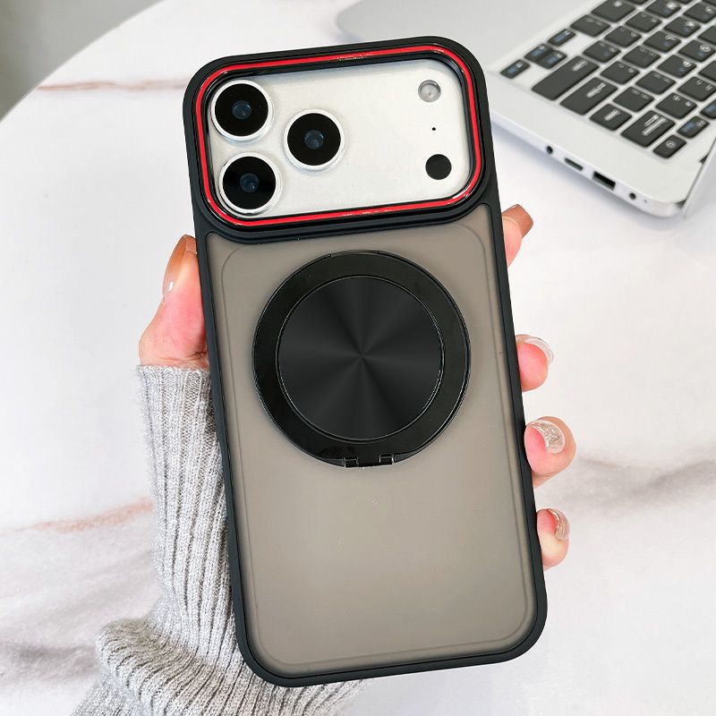 iPhone 17 Pro case 防滑纹磨砂支架手机壳 精孔精准对位 MagSafe自帶360度旋轉手機支架保護殼 親膚防撞電話機套  黑色