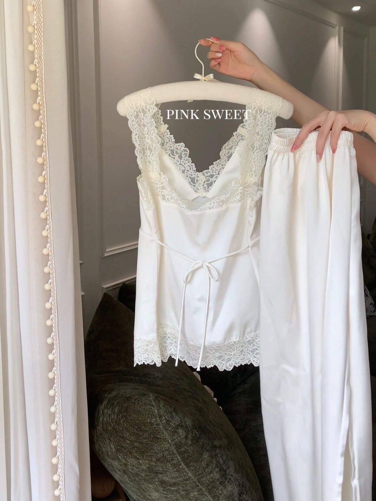 法式千金感可外穿家居服蕾絲睡衣套裝帶胸墊