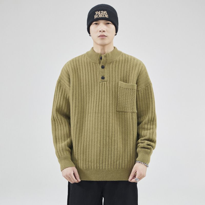 男装美式复古亨利领纯色毛衣男士高级感宽松加厚休闲针织衫