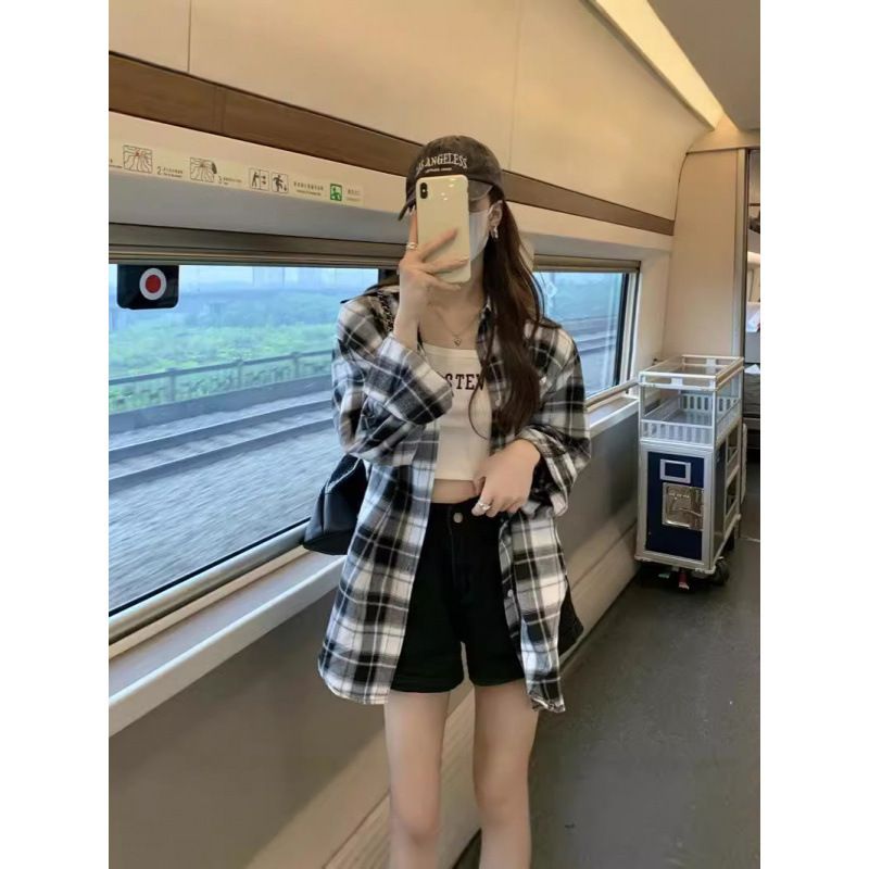 港式復古格仔裇衫女裝 春秋百搭長袖襯衣外套 設計感小眾- 白杏格子襯衫 S（建議80-95斤）