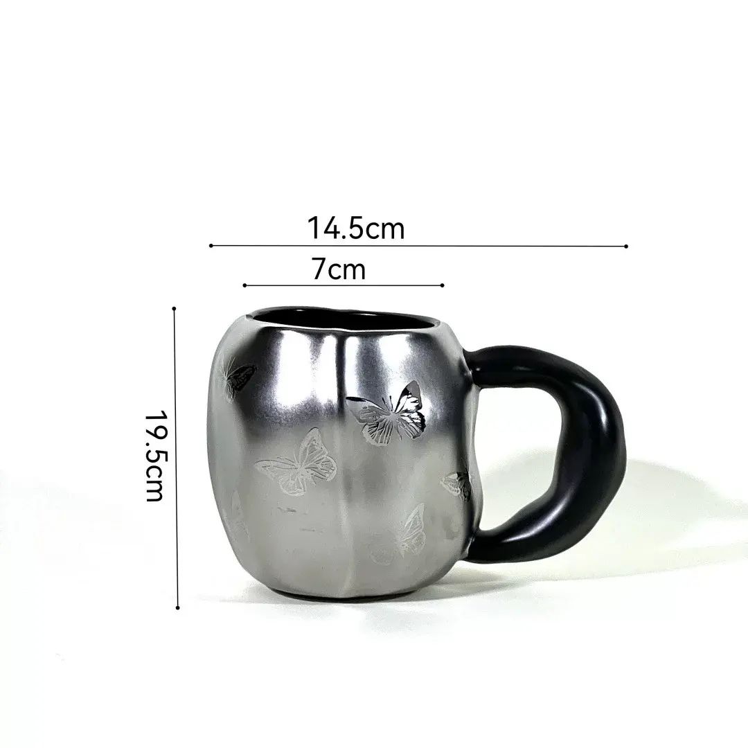 陶瓷馬克杯暗銀蝴蝶磨砂手捏紋設計斜口杯創意禮品杯