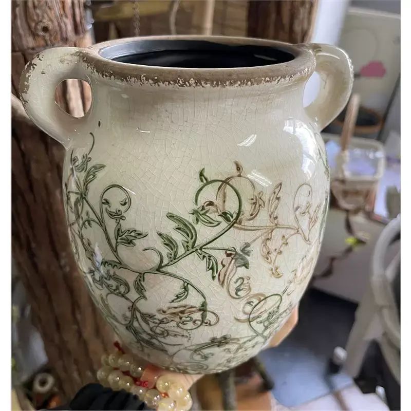 法式复古陶瓷花瓶陶釉玫瑰百合冰裂纹古典双耳红花做旧样板间花器