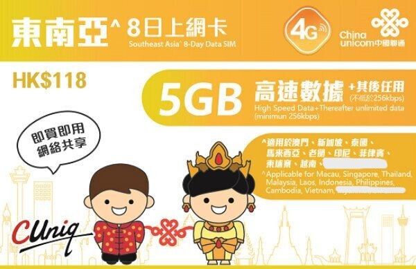 8days【S.Asia】Southeast Asia unlimited data Sim Card(5GB High Speed) [Activate by:31/12/2026]