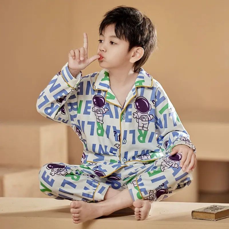 纯棉睡衣新款春秋季儿童开衫套装男童柔软透气夏季长袖休闲