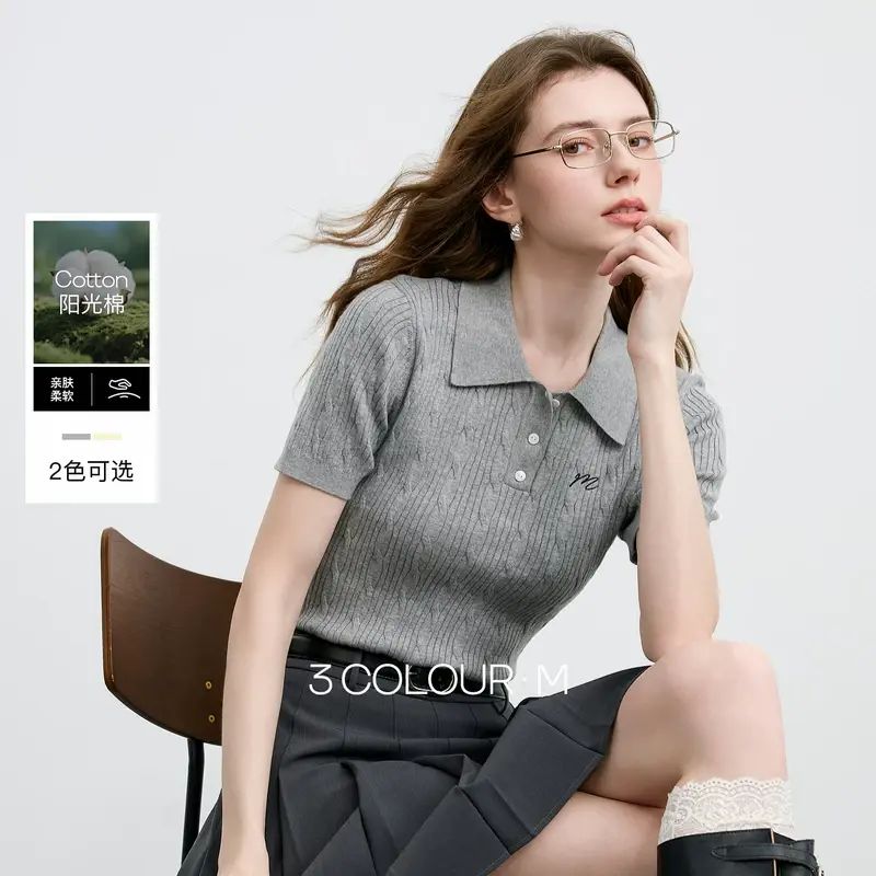 三彩奶油針織衫2026夏季新款絞花POLO領毛衫短袖上衣短款女M-花灰色 155/80A/S