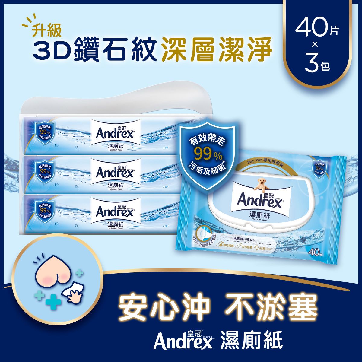 Moist Bath Tissue 40s 3-in-1 (Dermatologist Tested, Wipe Away 99% Germs, Flushable)