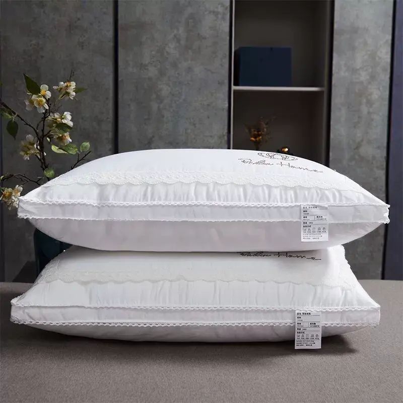 高級燙鑽枕芯蕾絲花邊60貢緞家用超柔枕頭不塌陷護頸椎單人枕