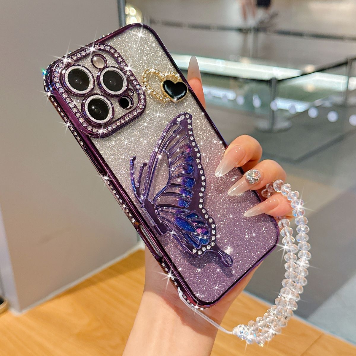 唯美流沙蝴蝶支架搭配珠子手链适用苹果16promax手机壳iphone14pro自带镜头膜16带镜头膜高级感13女12闪粉边钻保护手机套-紫色 iPhone 13
