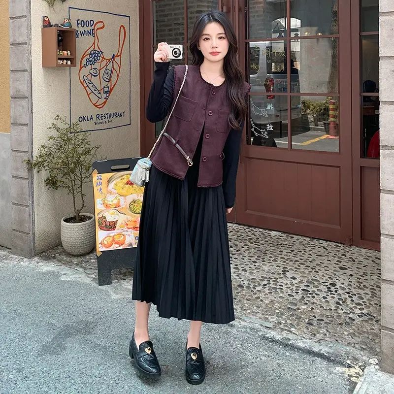 秋季新品女裝韓版修身馬甲長袖百褶裙兩件套連身裙配腰帶