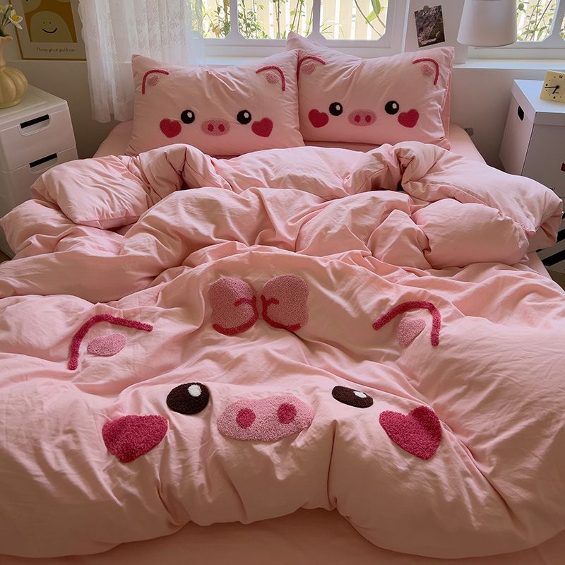 Piglet Towel Embroidered Four Piece Set | Washed Cloud Cotton Bed Sheet And Duvet Cover（LCA485）