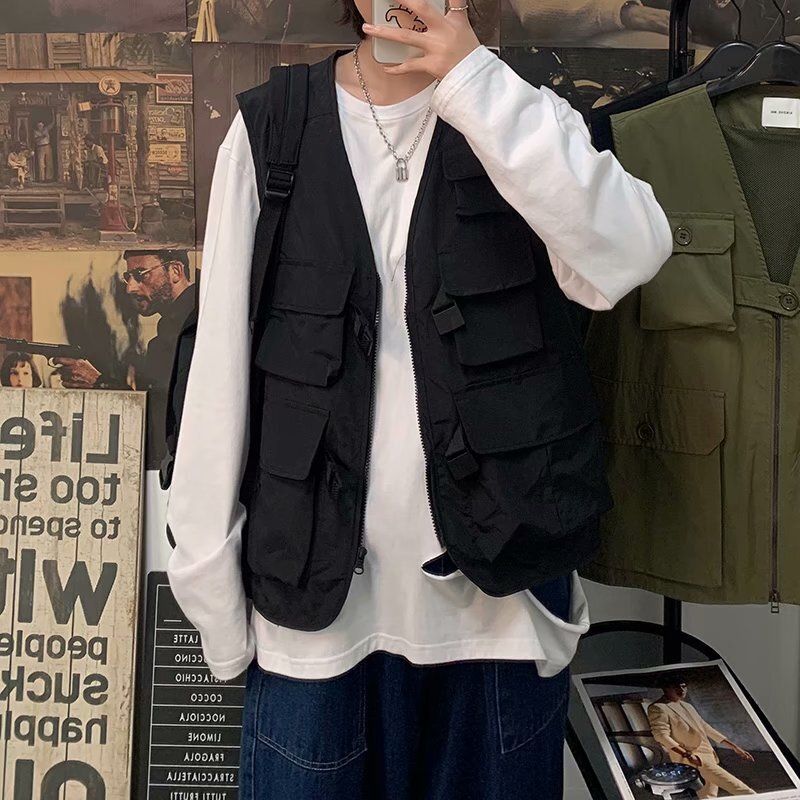 男裝戰術背心多口袋機能馬甲無袖外套潮流工裝街頭風- 高領打底衫 XXXL