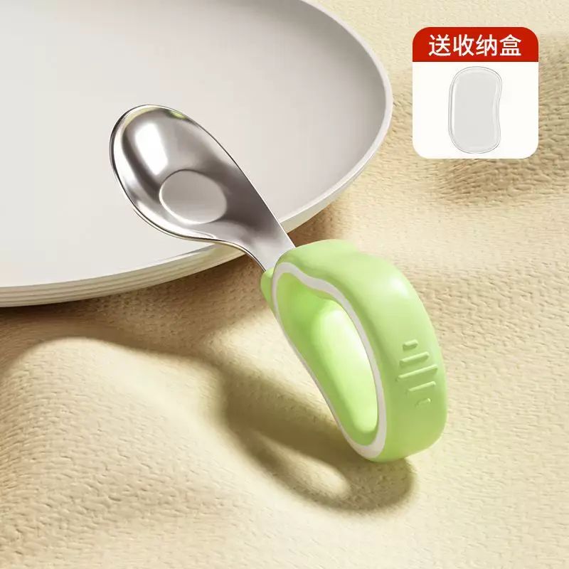 宝宝自主进食一岁辅食勺子学吃饭训练儿童硅胶不锈钢叉勺婴儿短柄