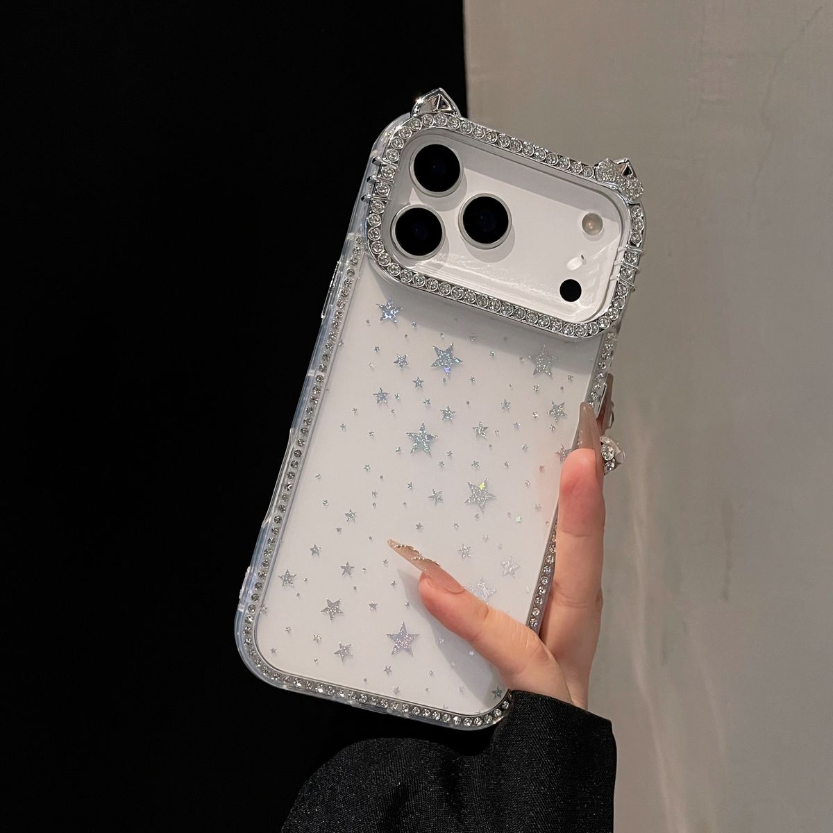 适用苹果17Promax手机壳16Pro高级感iphone1514双面钻渐变星星点钻猫耳朵镜头新款女款全包边防摔-白色 iPhone 17 Pro