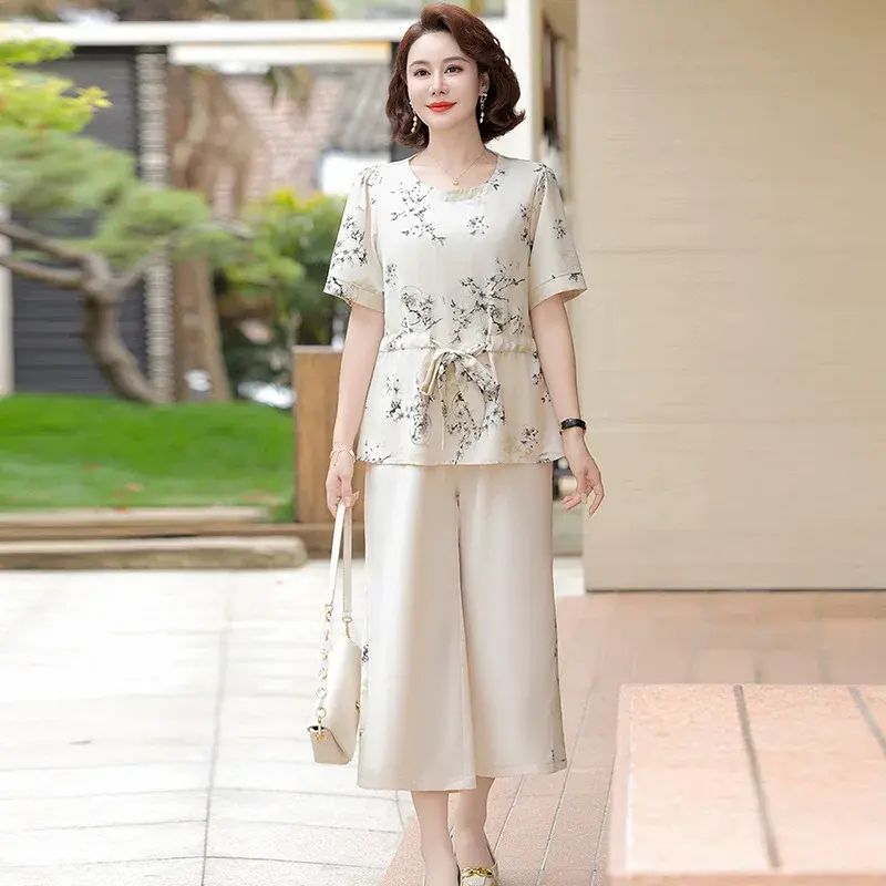 媽媽裝夏裝套裝洋氣短袖襯衫50歲中老年女裝新中式國風上衣兩件套