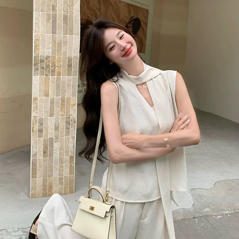 2026夏季新品輕熟氣質寬鬆綁帶上衣修身顯瘦闊腿褲兩件套女HE5060