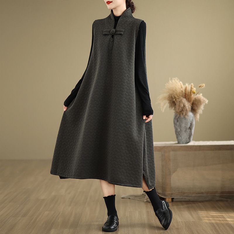 实拍现货秋冬艺文大码长款无袖夹丝棉连身裙简约百搭A字裙马甲