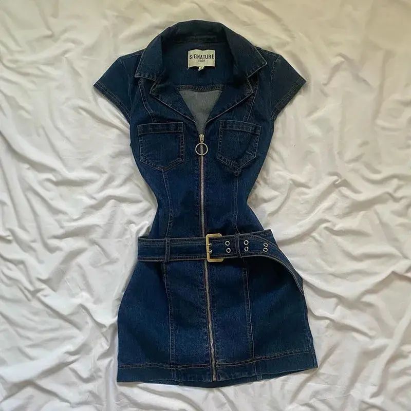 o Sleeveless Denim Dress Women s Unique Design Sense Waist Cinching Slimming Denim Skirt Dark blue S