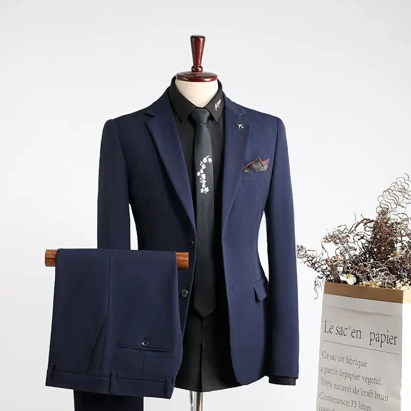 1藍色西裝男套裝時尚修身結婚禮服伴郎服商務休閒職業正裝西服男