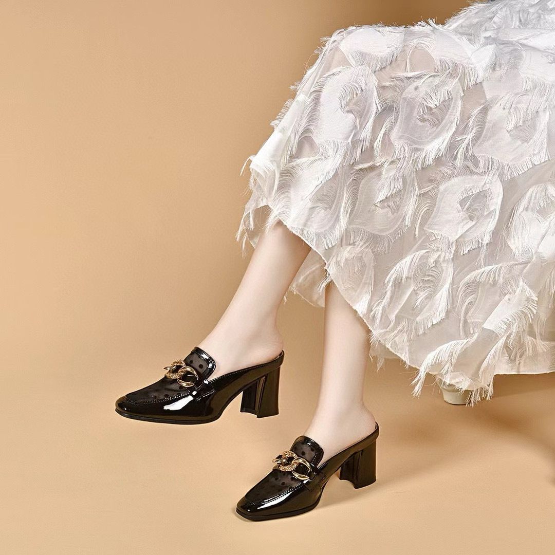 方頭高跟涼拖外穿夏季歐美風網紗拖鞋波點水鑽粗跟包頭半拖鞋