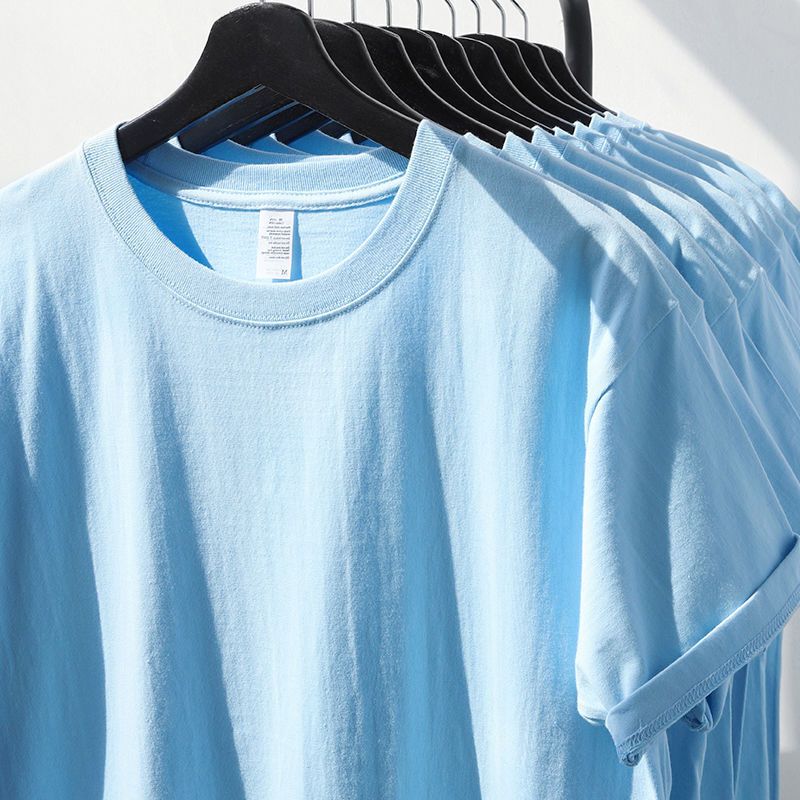 Summer Style -Light blue round neck short sleeve cotton 4XL【Suggested for 165-180 lbs】
