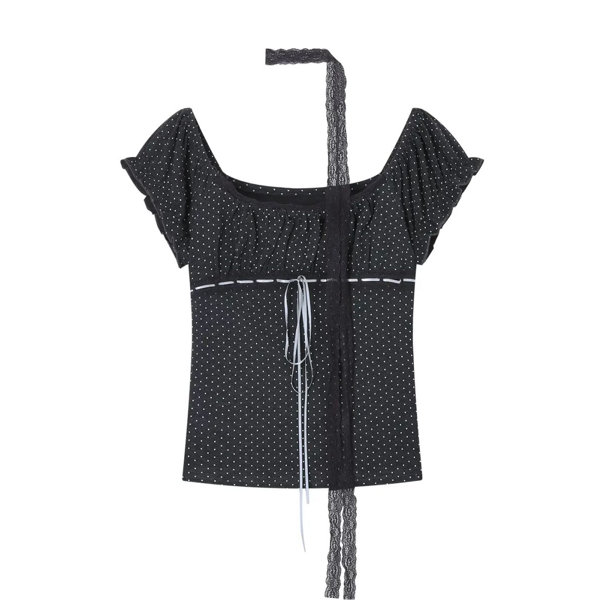 Kumikumi sweet lace side polka dot bubble sleeves lacing T shirt women s summer skirt middle T shir