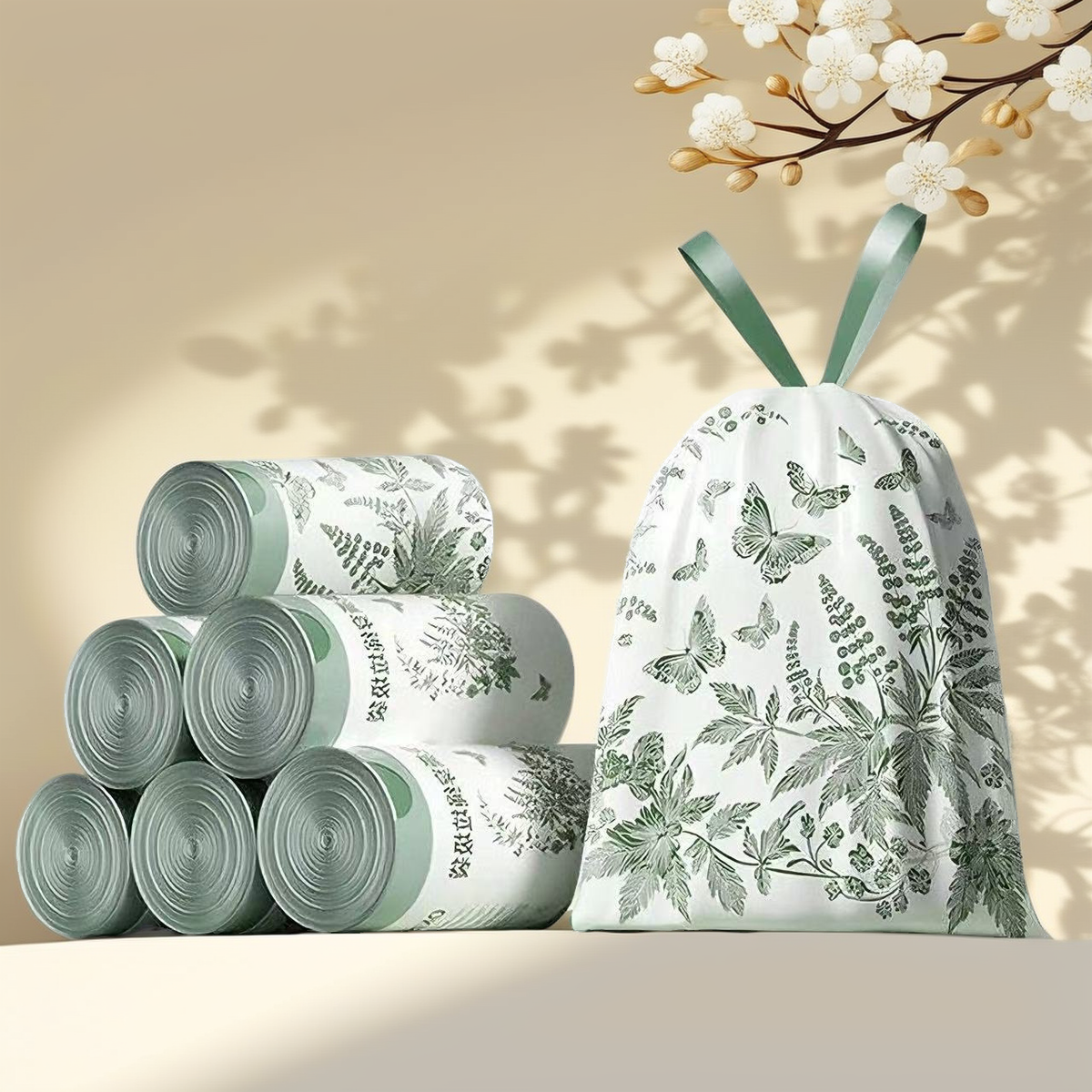 1X【赠品】手提式特厚塑胶抽绳垃圾袋 (艾草印花 / 每套4卷装) 价值¥53