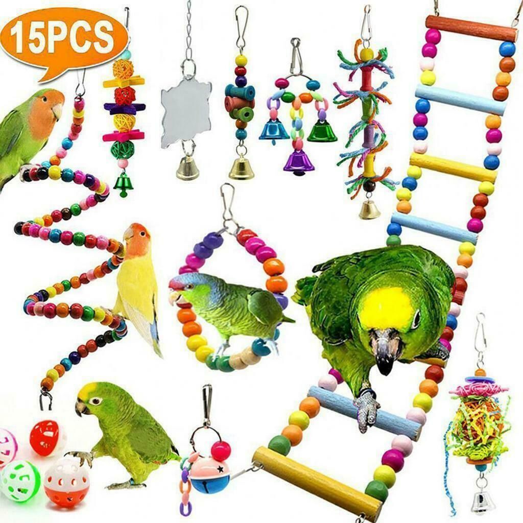 15 件鳥類玩具 - 鳥類鞦韆玩具、攀爬梯、帶鈴鐺的站立吊床，適用於鸚鵡、愛情鳥、長尾小鸚鵡、美冠鸚鵡、錐尾雀