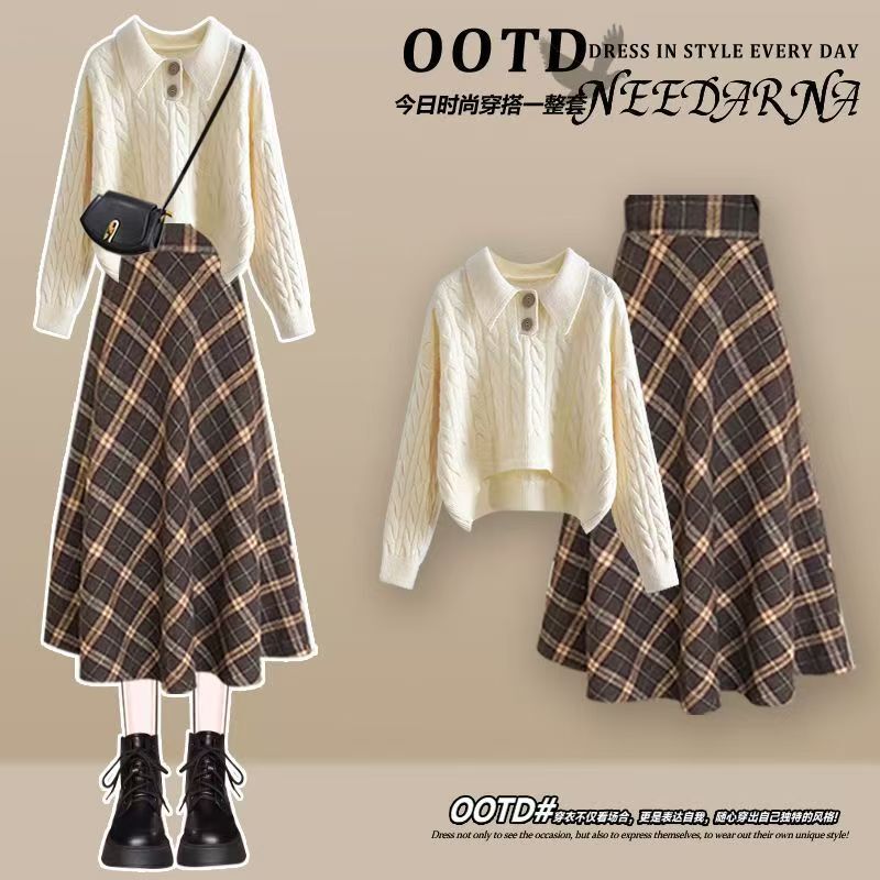 秋冬套装女2025新款潮流韩系纯色毛衣搭显瘦好看-杏色毛衣加咖格半身裙 S