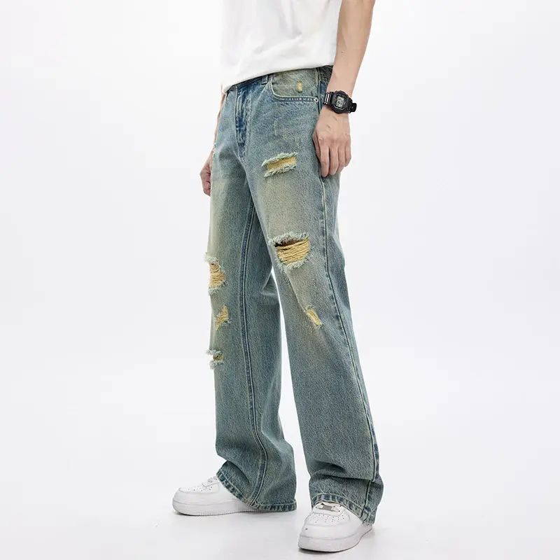 時尚微喇牛仔褲新款男直筒美式水洗酷帥寬鬆闊腿高街潮牌破洞長褲