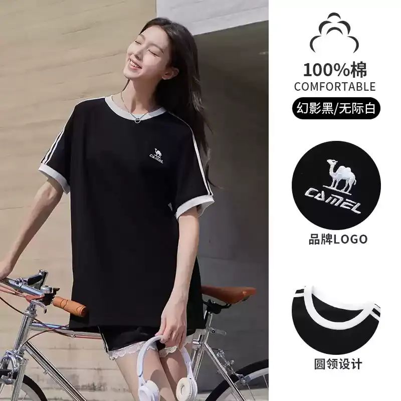 骆驼纯棉T神夏日短袖T恤女2025夏新款情侣宽松复古运动休闲上衣男