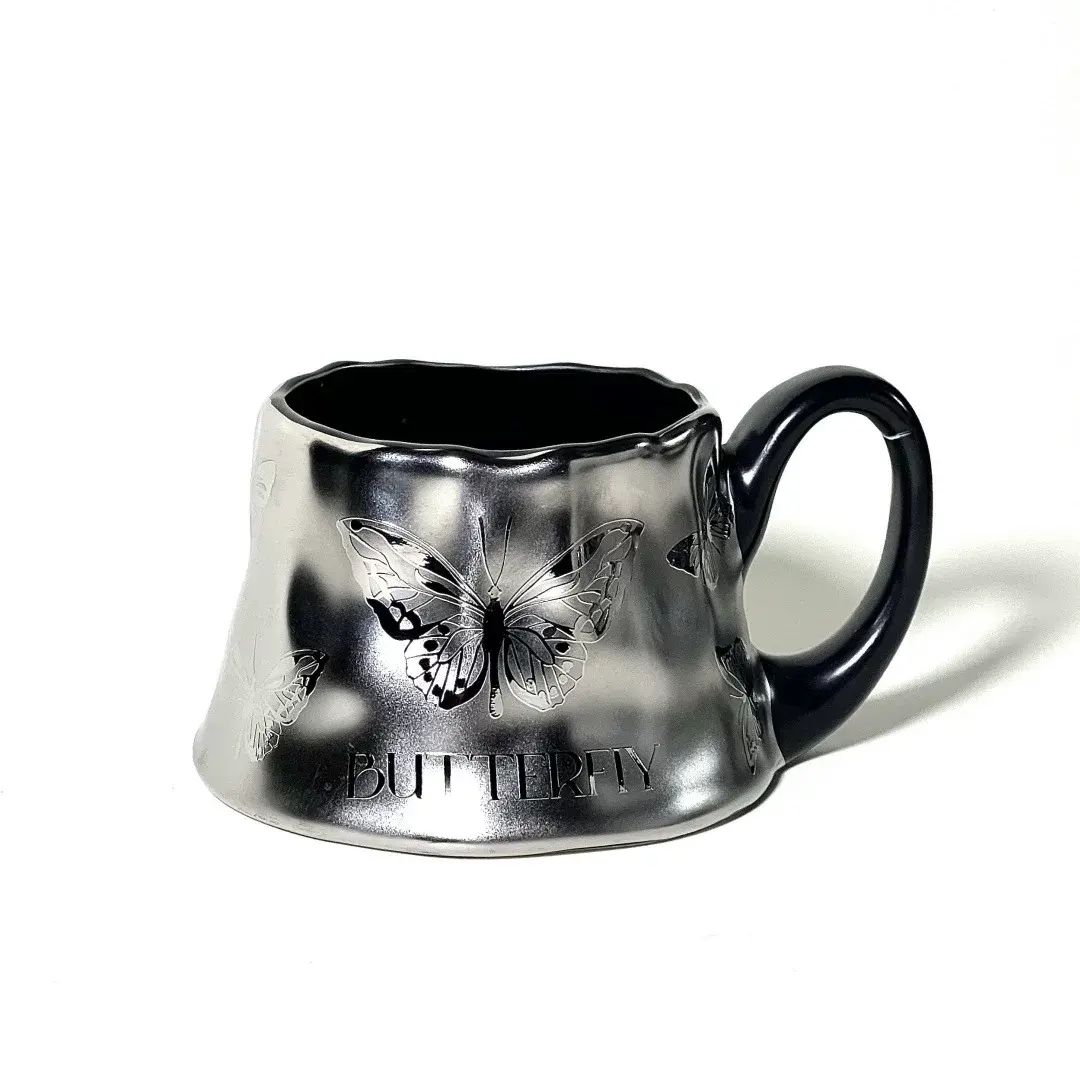 马克杯暗银蝴蝶陶瓷马克杯高颜值咖啡杯办公室杯子